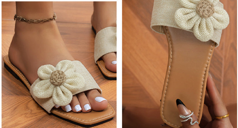 Beige Daisy Bloom Woven Sandals