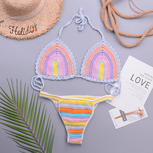 Sexy Hollow Bikini Straps Hanging Neck Handmade Knitted Split Color