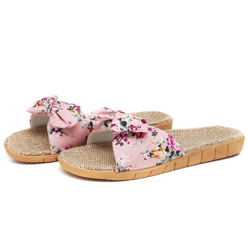 Bow linen slippers