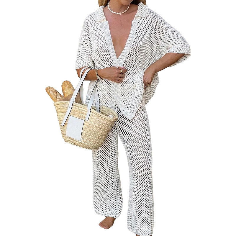Solid Color Sexy Knitted Hollow Beach Bikini Swimsuit Outwear Suit