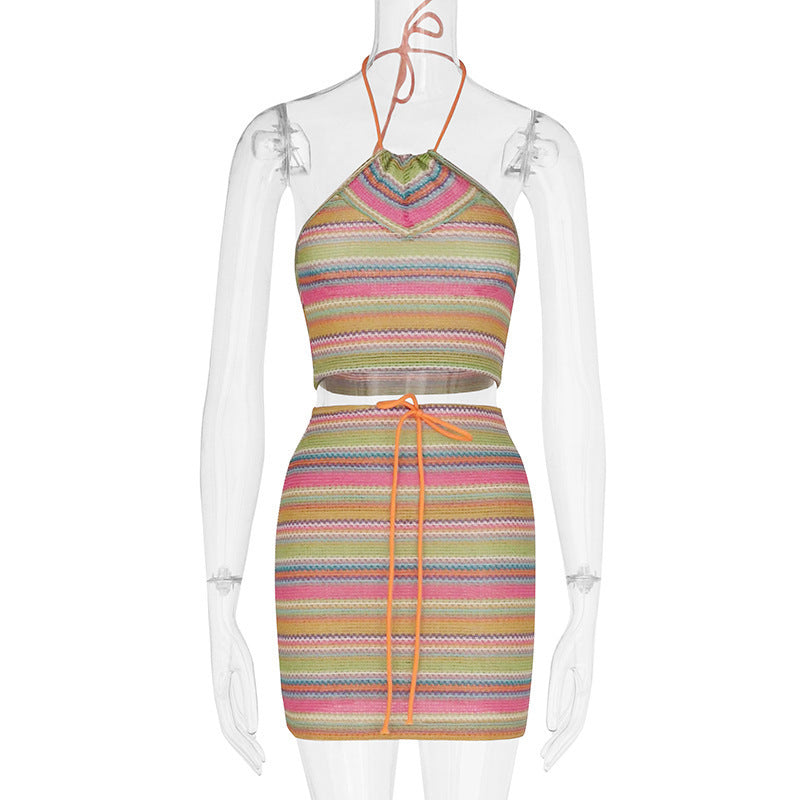 Women's Fashion Casual Printing Halterneck Vest Hip Skirt Suit