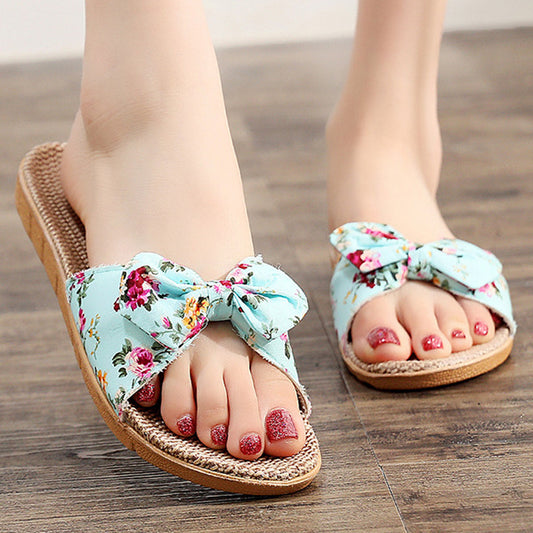 Bow linen slippers