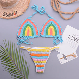 Sexy Hollow Bikini Straps Hanging Neck Handmade Knitted Split Color