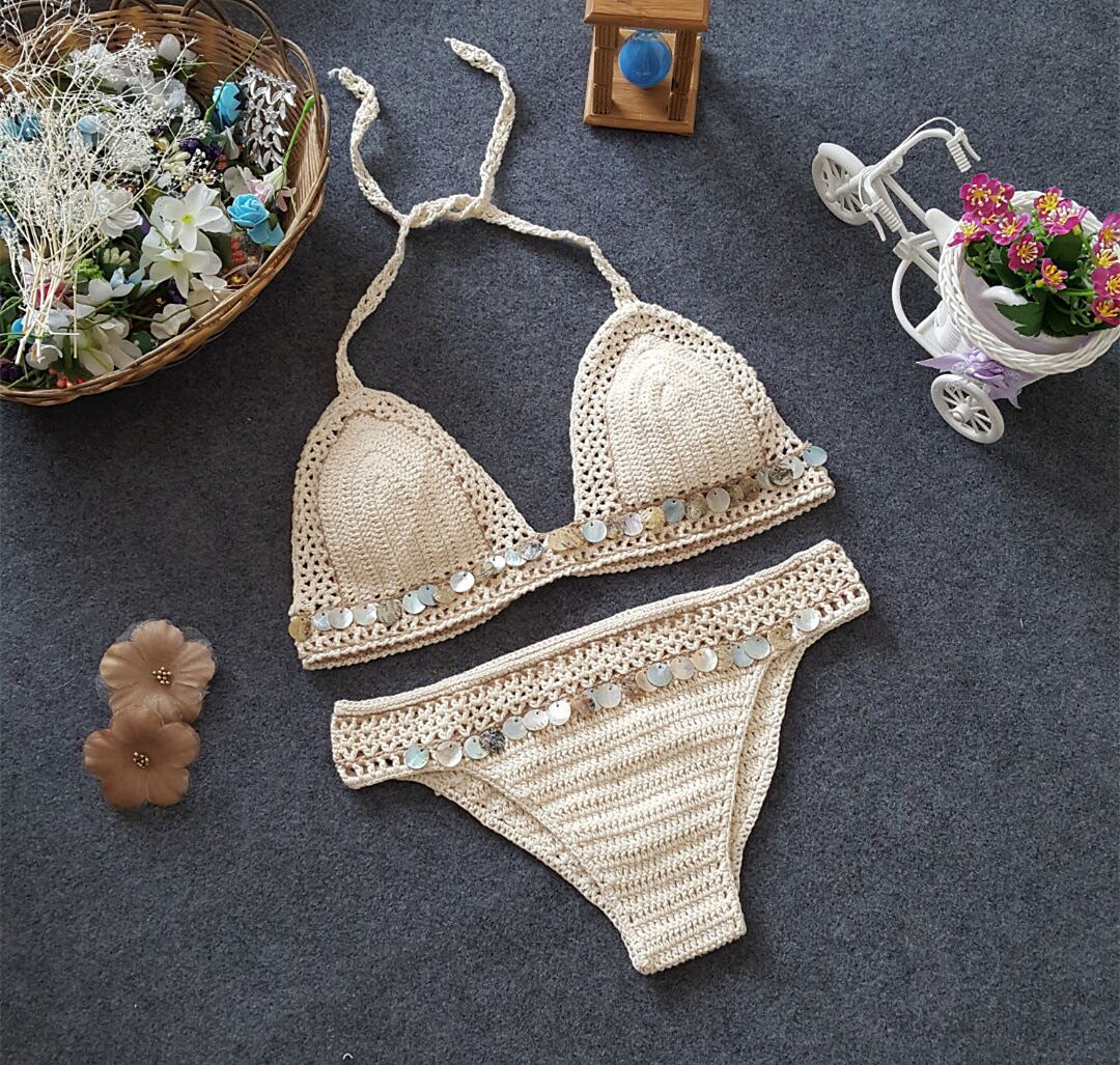 Foreign Trade New Knitted Bikini, Europe And America Beach Shell, Mermaid Lady Split Sexy Swimsuit Set