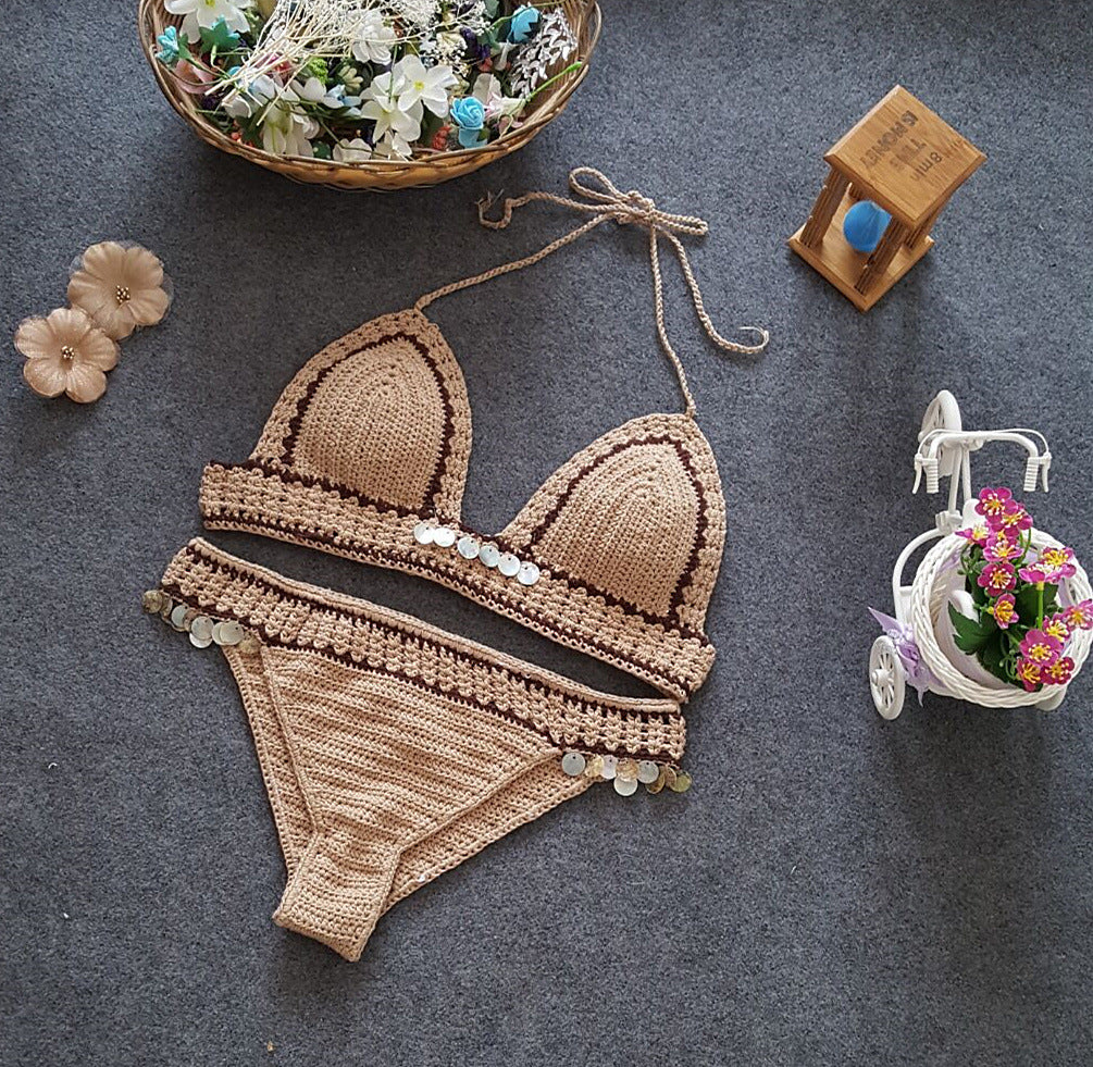 Foreign Trade New Knitted Bikini, Europe And America Beach Shell, Mermaid Lady Split Sexy Swimsuit Set