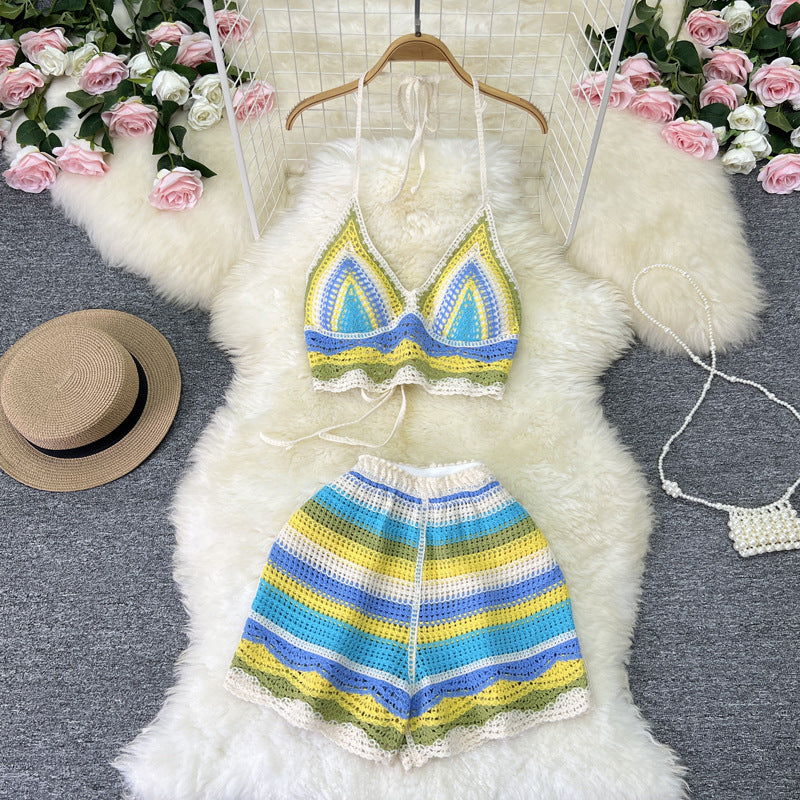 Sexy Halter Camisole Women's Summer New Contrast Color Stripes