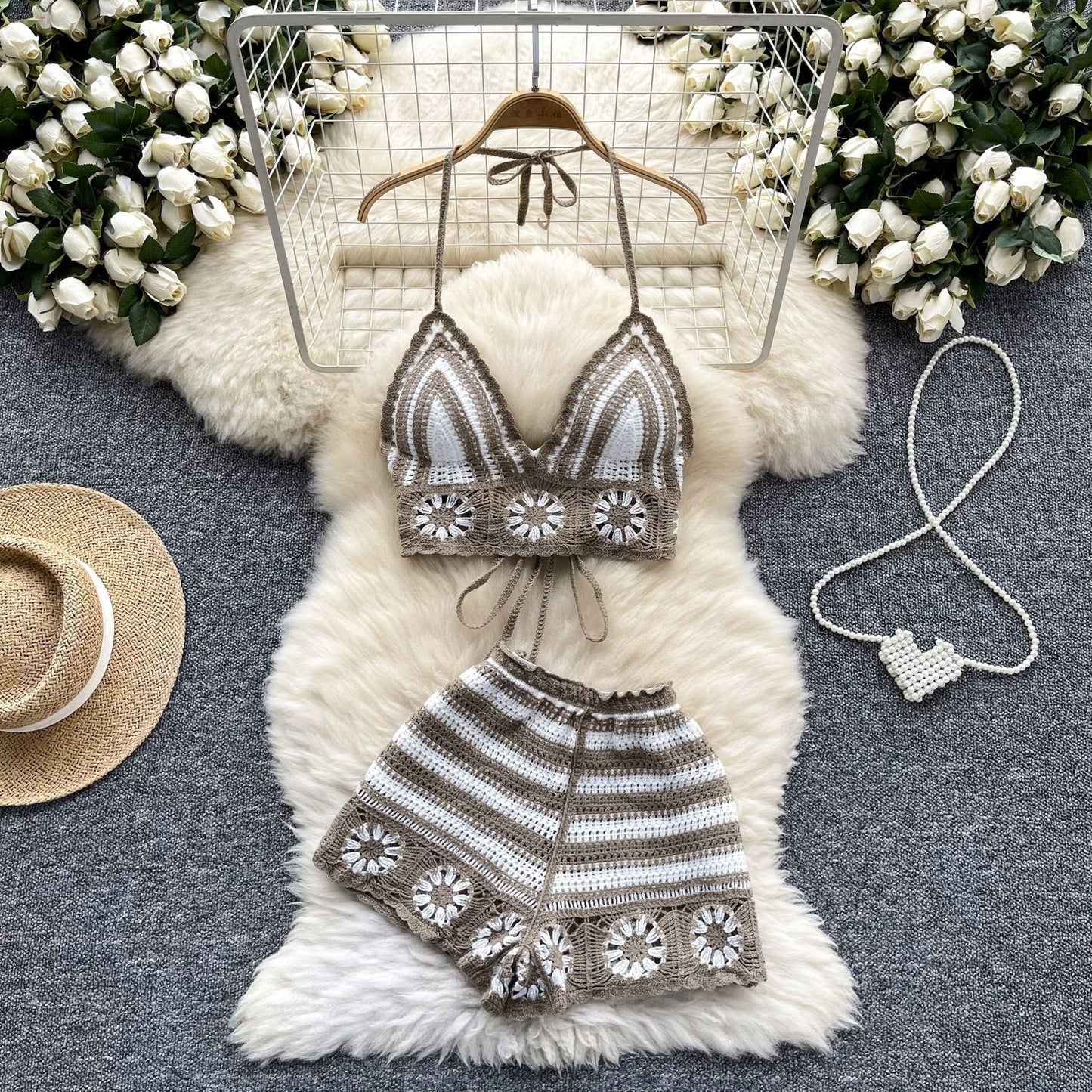 Sexy Cutout Crocheted Halter Strap Vest High Waist Knit Shorts
