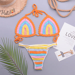 Sexy Hollow Bikini Straps Hanging Neck Handmade Knitted Split Color