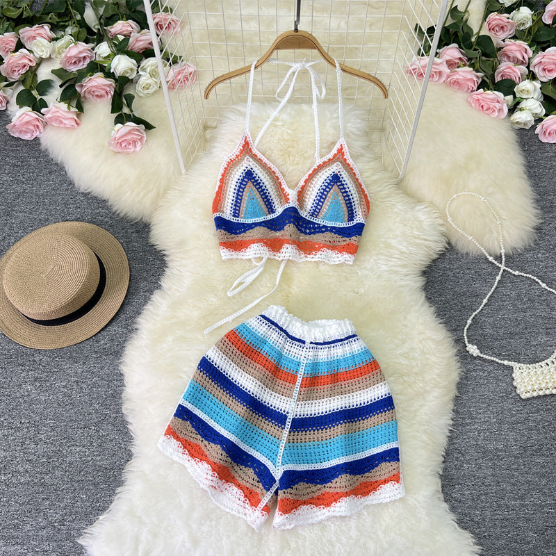 Sexy Halter Camisole Women's Summer New Contrast Color Stripes