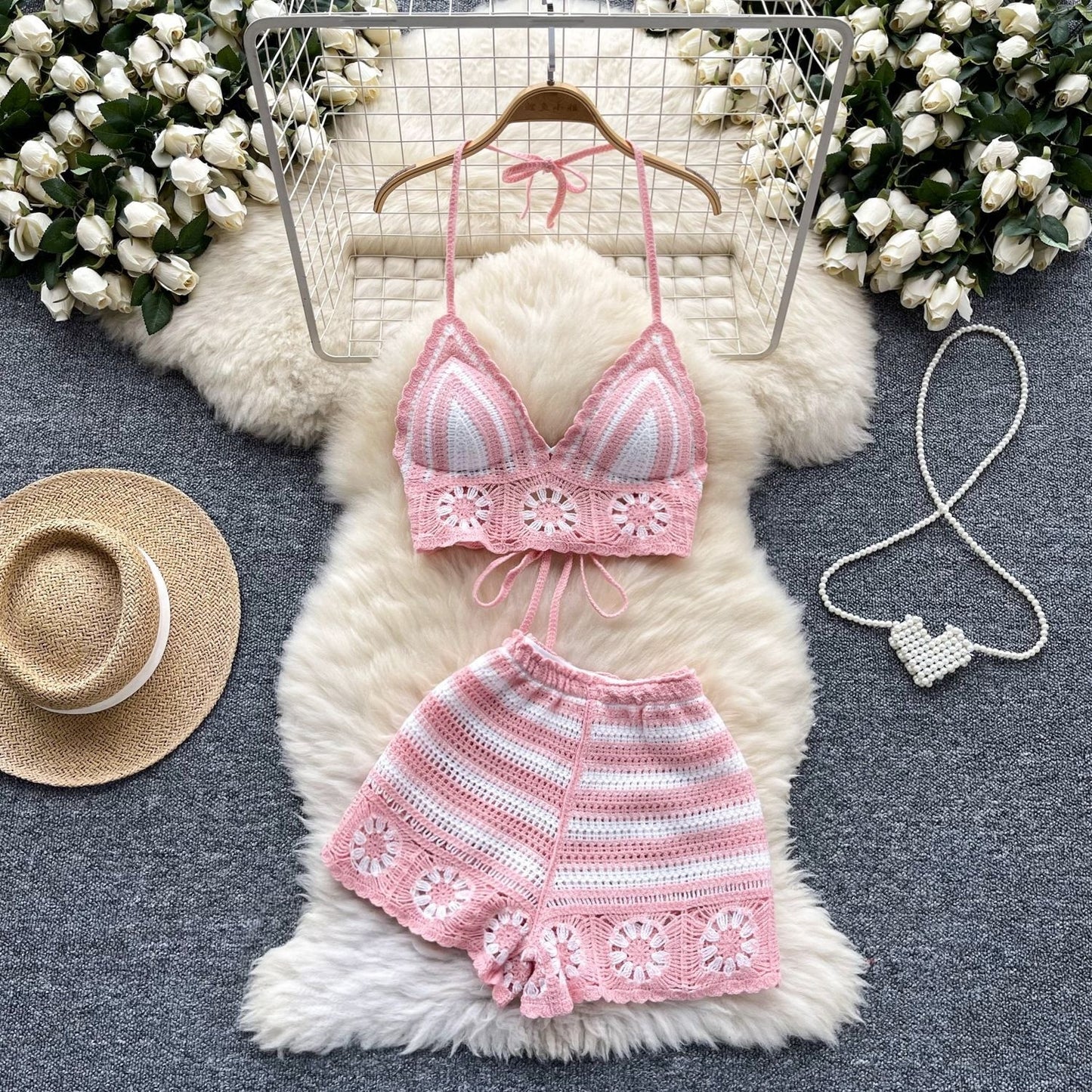 Sexy Cutout Crocheted Halter Strap Vest High Waist Knit Shorts