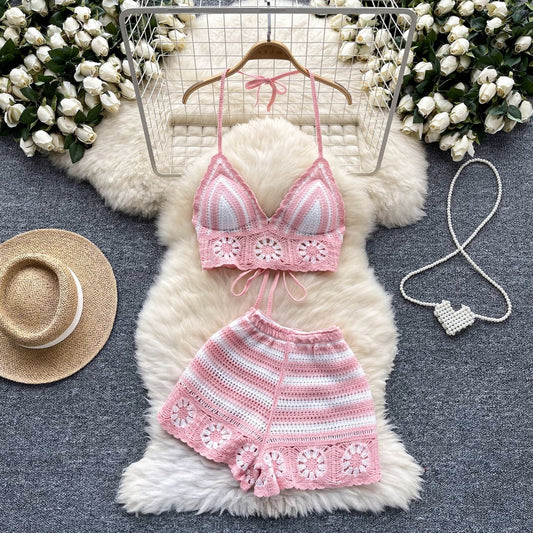 Sexy Cutout Crocheted Halter Strap Vest High Waist Knit Shorts