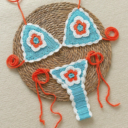 Handmade Knitted Crocheted Color Halter Lace-up Banded Bikini Two-piece Swimsuit