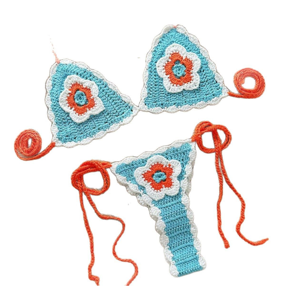 Handmade Knitted Crocheted Color Halter Lace-up Banded Bikini Two-piece Swimsuit