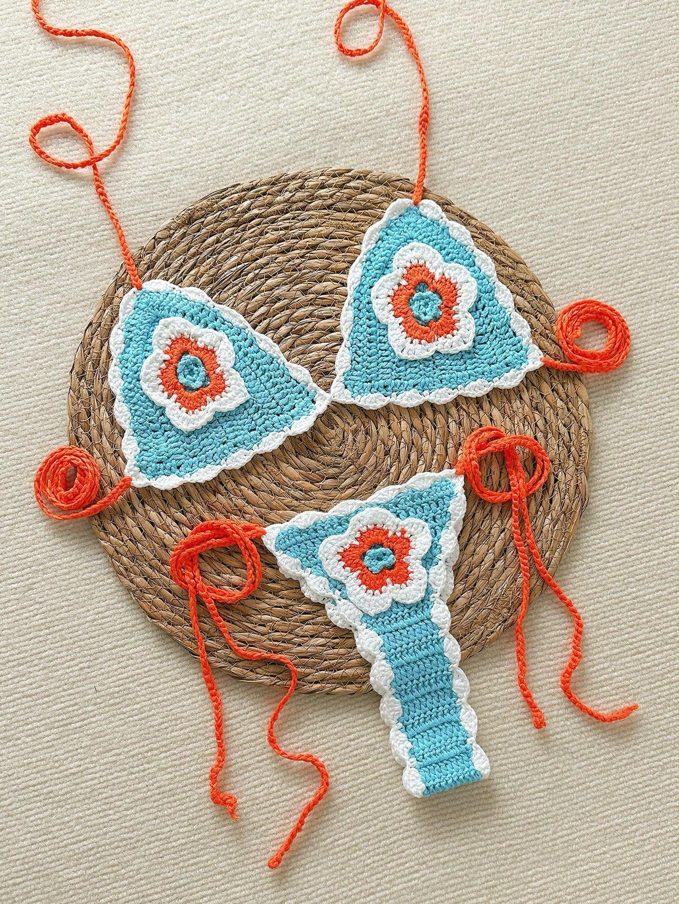 Handmade Knitted Crocheted Color Halter Lace-up Banded Bikini Two-piece Swimsuit