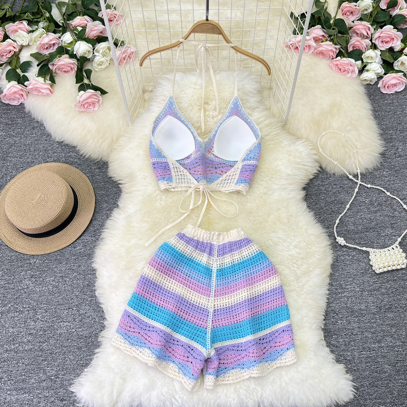 Sexy Halter Camisole Women's Summer New Contrast Color Stripes